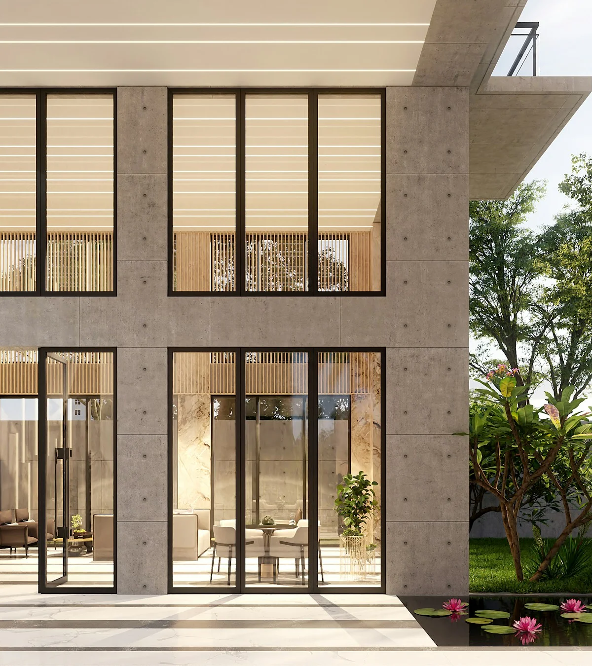 Siyah çerçeveli büyük pencere ve kapılarla modern cephe